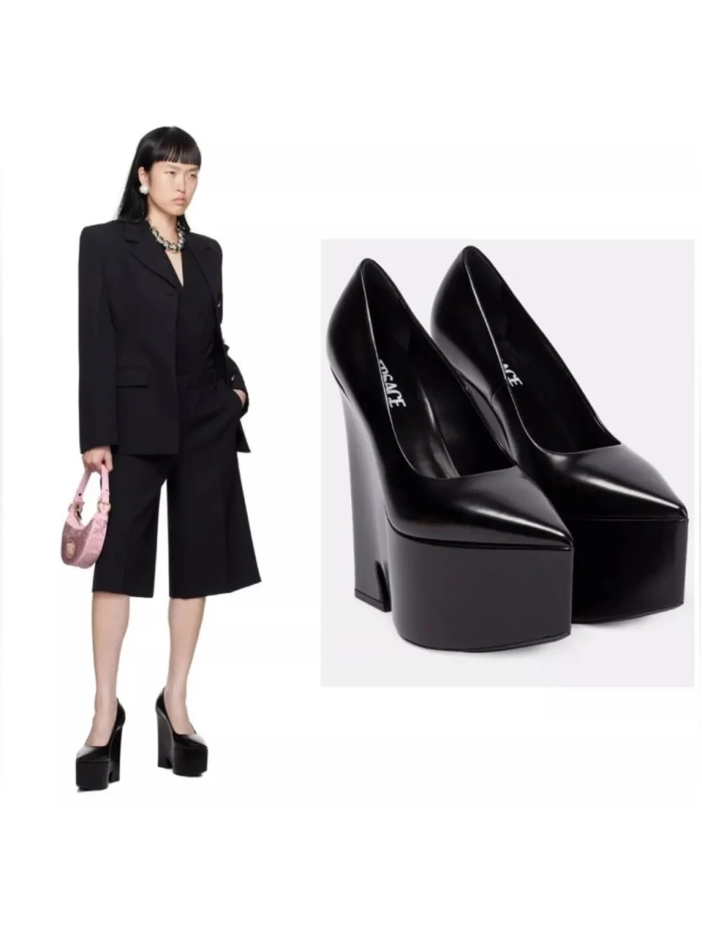 Versace Tempest Platform Pumps Black High Heels Leather Pointed Toe IT 39.5